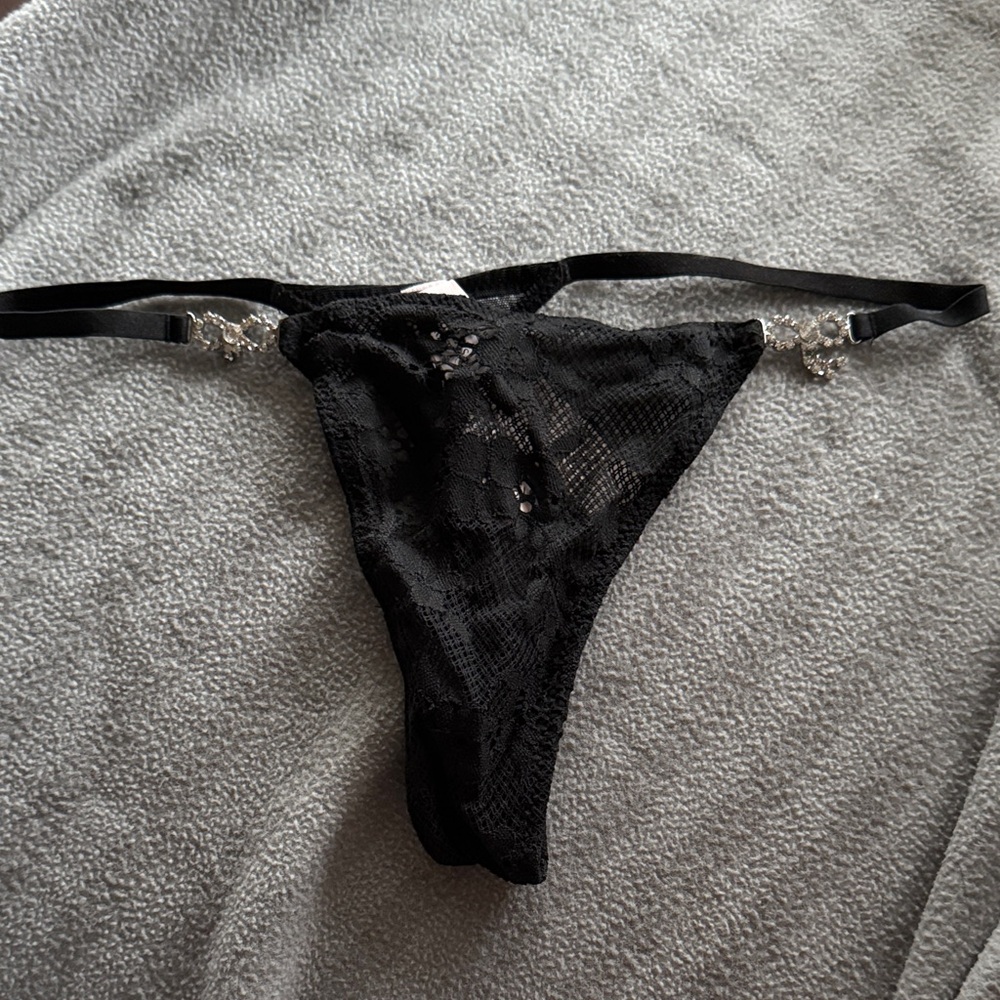 NWT Victoria's Secret Black Lace Thong with crystal Bows
